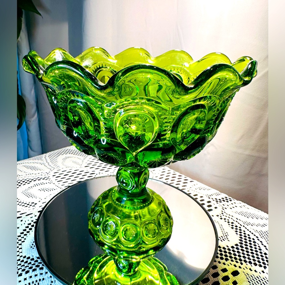 Vtg. LE Smith,Moon/Stars Pedestal Compote Candy Dish Pressed Glass,Emerald Green